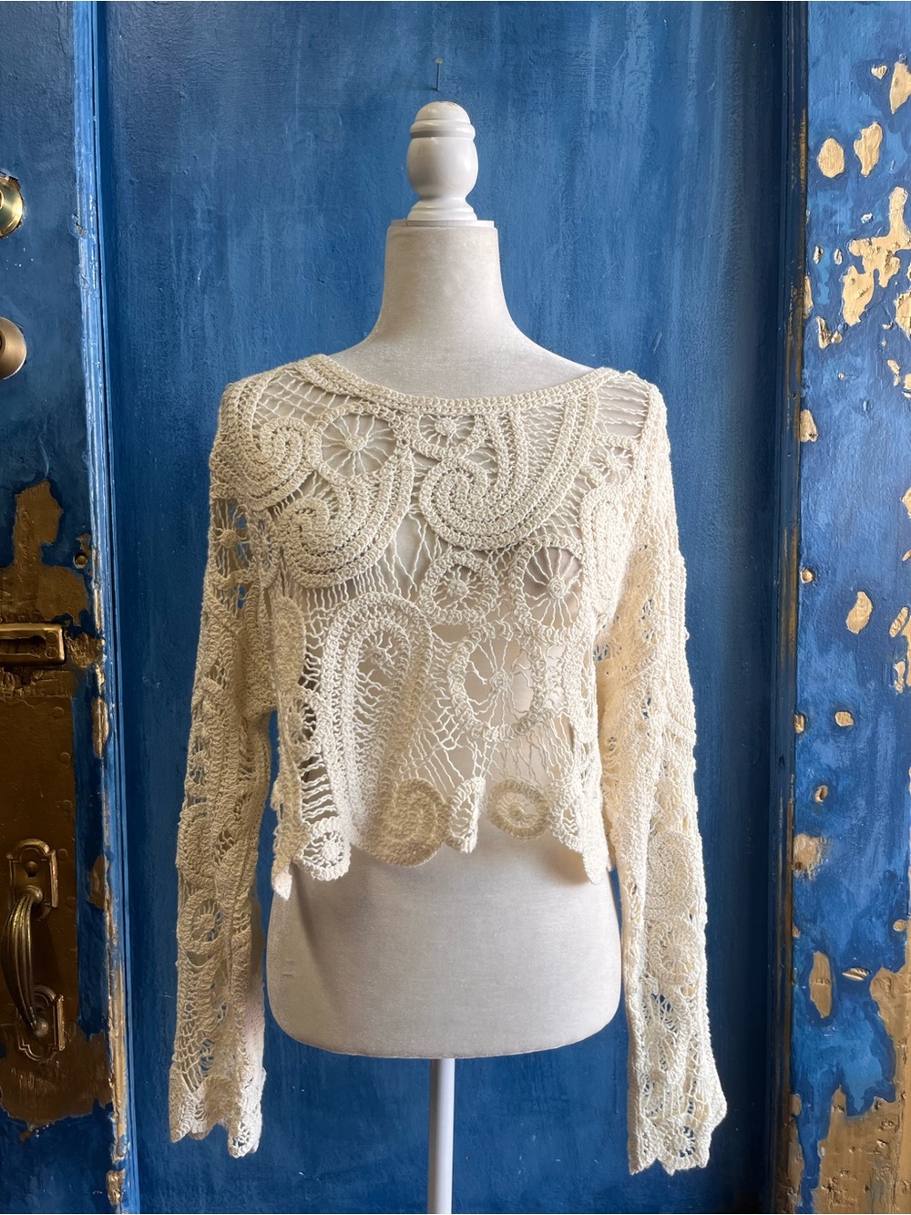 Aqua Crochet Openwork Top in Ivory